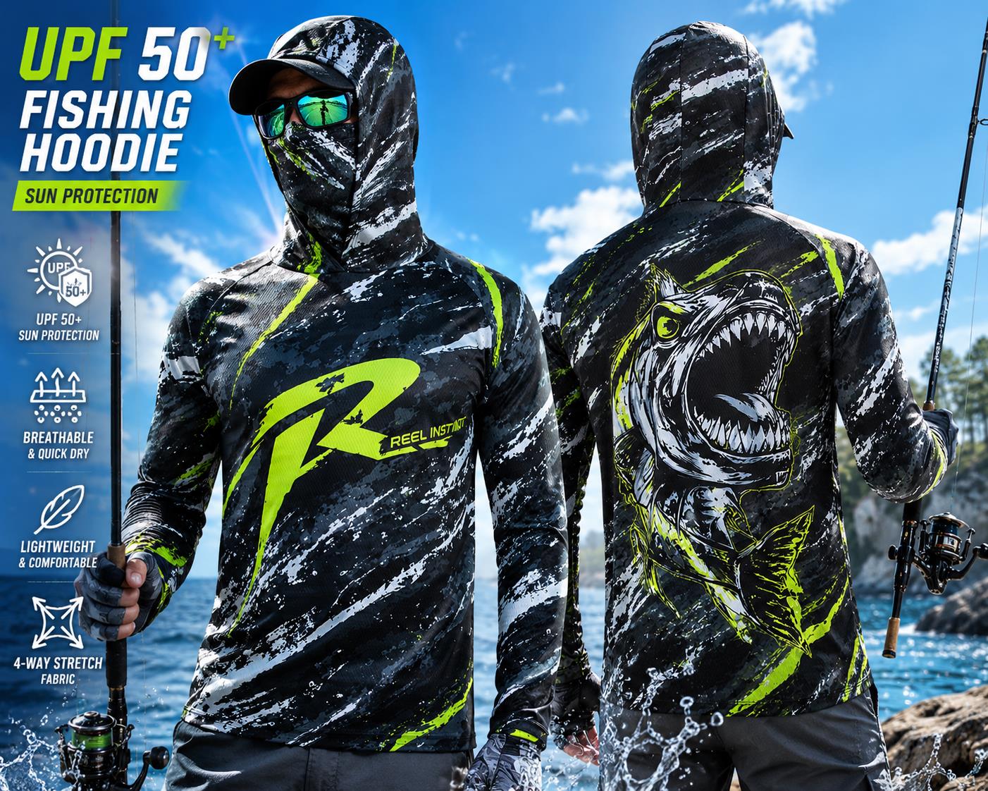 Fishing - เสื้อตกปลาแขนยาวป้องกันแสงแดดสำหรับกิจกรรมกลางแจ้ง พร้อมหน้ากากปิดคอ ลายพิมพ์ สำหรับทุกเพศ ด้านหลังมีลายกระดูกปลา น้ำหนักเบา