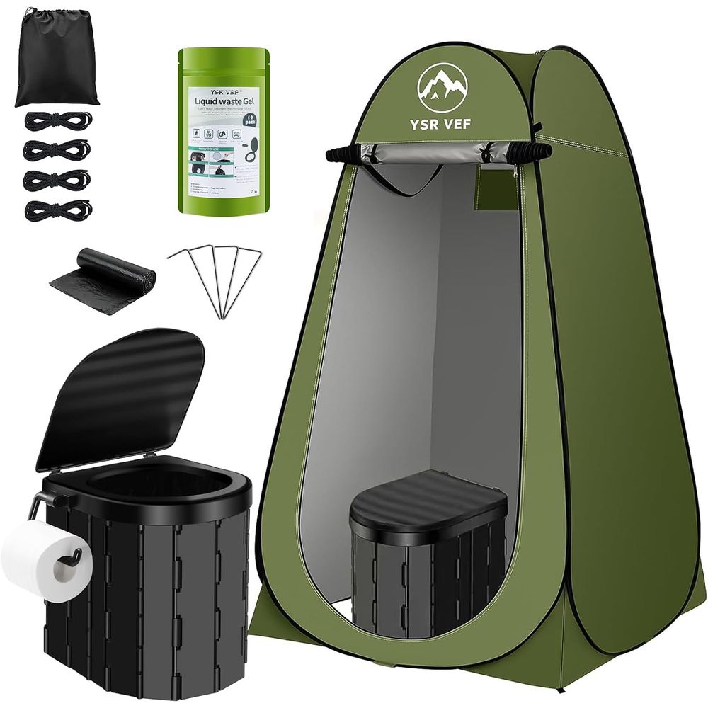 Camping - ชุดห้องน้ำพกพา, ห้องน้ำสำหรับตั้งแคมป์พร้อมเต็นท์ปิดแบบพับได้และถุงเจลสำหรับขับถ่าย, ฝักบัวอาบน้ำกลางแจ้งแบบพกพาที่ล้างทำความสะอาดได้