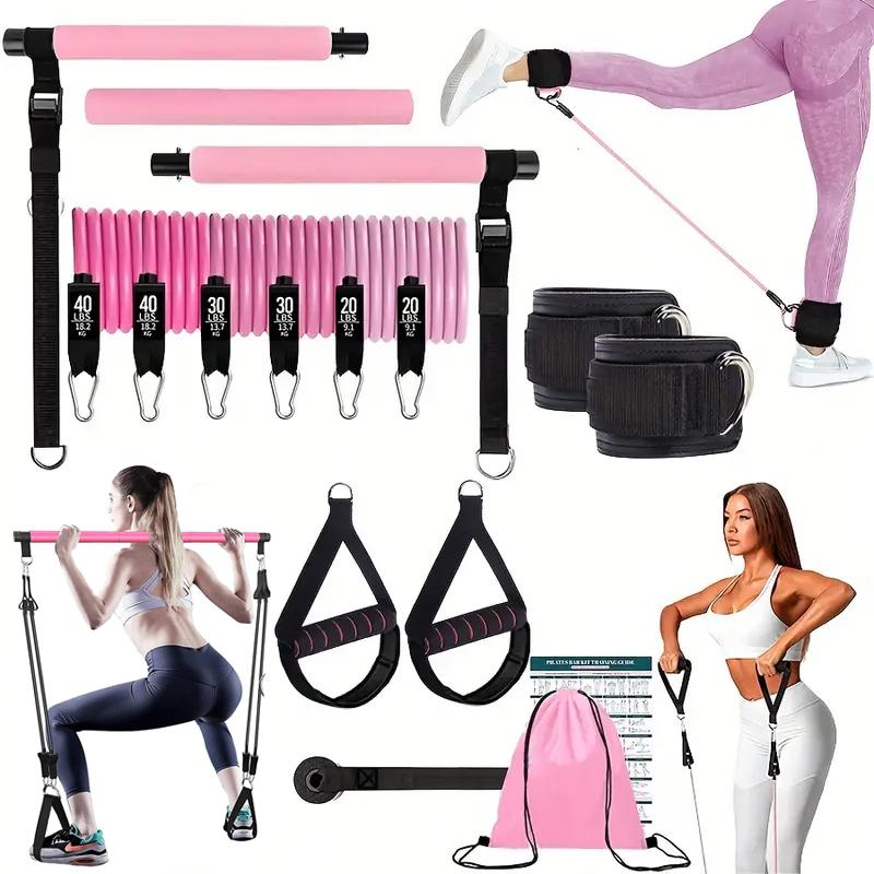 Pilates Bar Kit With Resistance Bands - ชุดอุปกรณ์พิลาทิสบาร์อเนกประสงค์พร้อมสายยางยืดปรับระดับได้ บอร์ดพิลาทิสสำหรับยืดกล้ามเนื้อ อุปกรณ์ออกกำลังกายที่บ้านสำหรับการฝึกความแข็งแรงของร่างกายทั้งหมด อุปกรณ์โยคะและฟิตเนสแบบพกพา