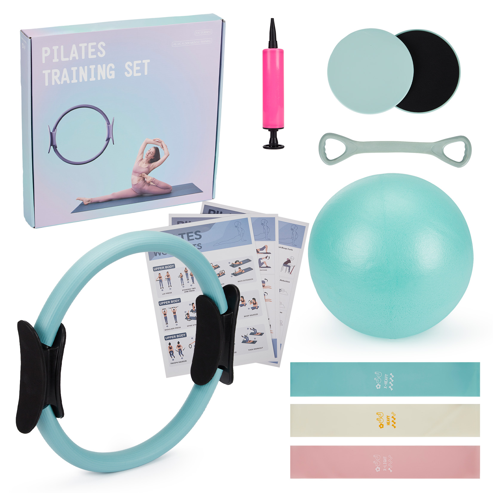 Pilates Bar Kit With Resistance Bands - ชุดฝึกพิลาทิส, ห่วงพิลาทิส 6-in-1, ลูกบอลออกกำลังกาย, สายยางยืด, อุปกรณ์สไลด์สำหรับบริหารแกนกลางลำตัว,
