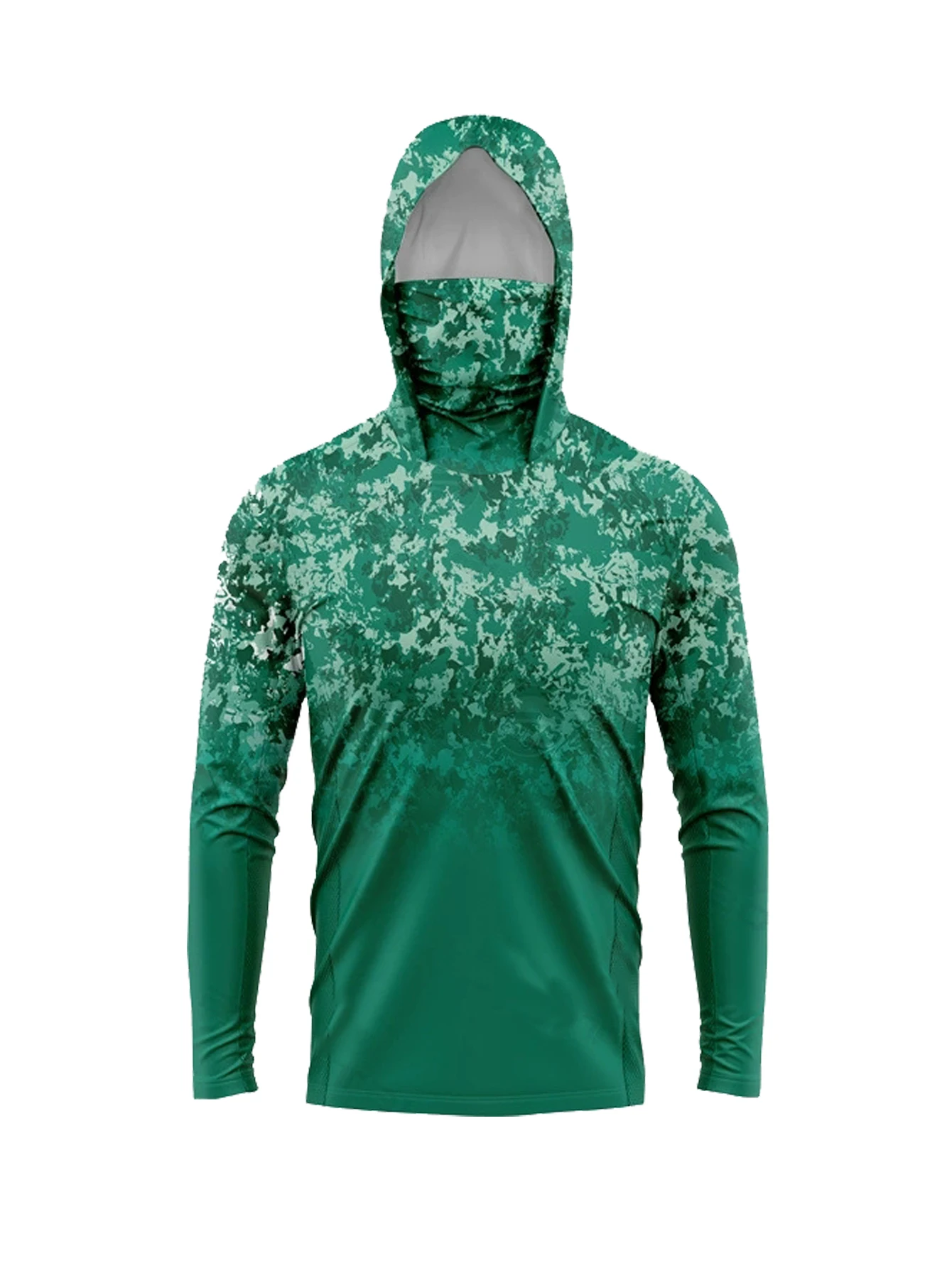 Fishing - เสื้อฮู้ดดี้กันแดดสำหรับผู้ชาย UPF50+ พร้อมหน้ากากปิดหน้า ลายพรางดิจิตอลสีเขียว แห้งเร็ว ป้องกันรังสียูวี